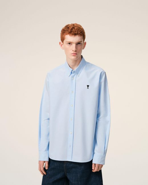 AMI Blue Cotton Shirt With Ami De Coeur for men