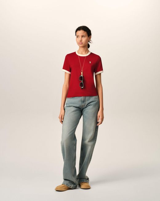 AMI Red Contrasted Cotton T-Shirt With Ami De Coeur