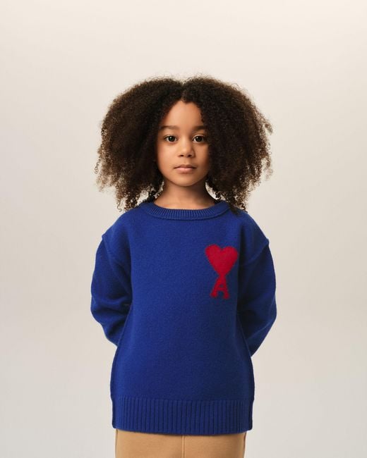 AMI Blue Crewneck Wool Sweater With Ami De Coeur