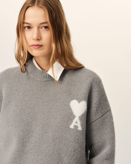 AMI Gray Crewneck Alpaca Sweater With Ami De Coeur