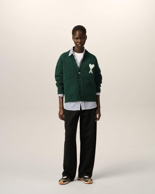 AMI Green Alpaca Cardigan With Ami De Coeur