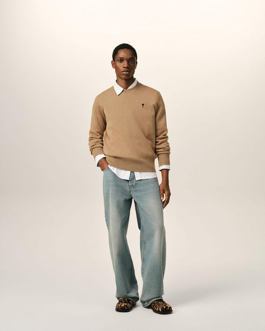 AMI Natural Crewneck Wool Sweater With Ami De Coeur for men