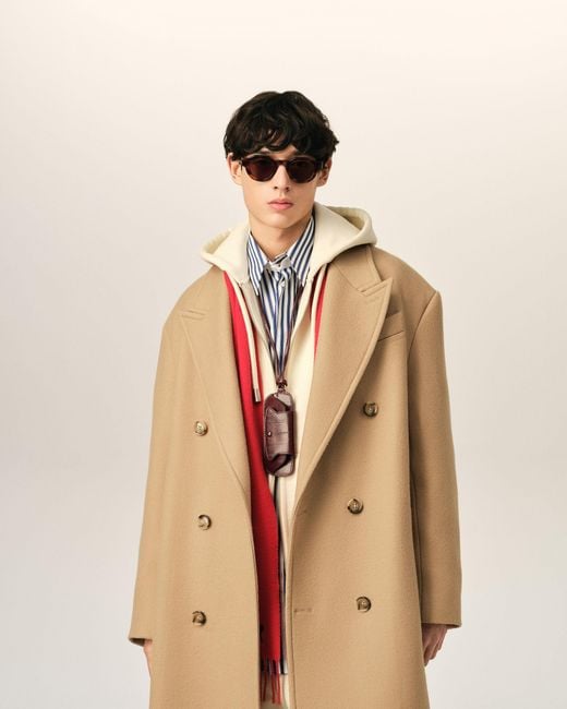 AMI Natural Long Double Breasted Wool Coat for men