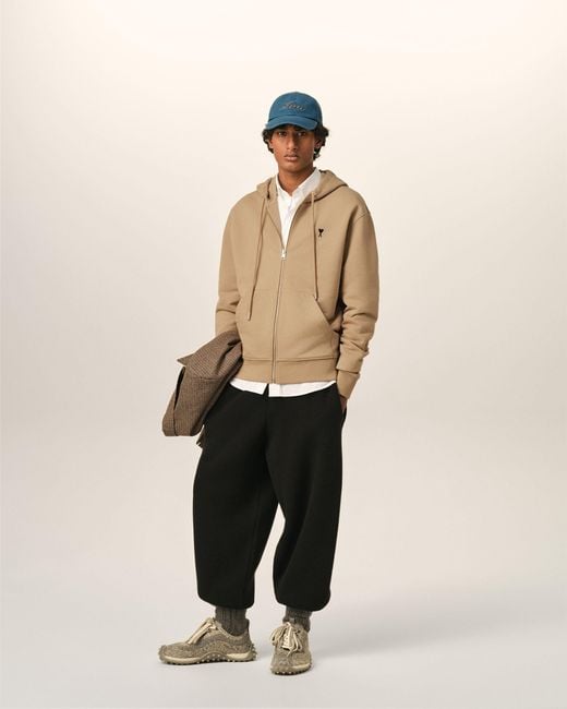 AMI Natural Zipped Cotton Hoodie With Ami De Coeur for men