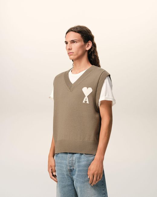 AMI Natural Wool And Cotton Sleeveless Ami De Coeur Sweater