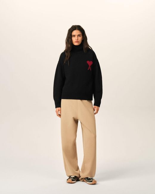 AMI Black Funell Neck Wool Sweater With Ami De Coeur