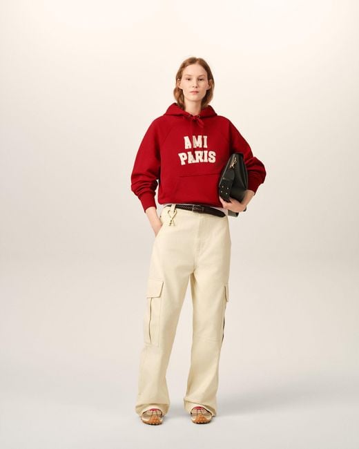 AMI Red Cotton Hoodie With Embroidery