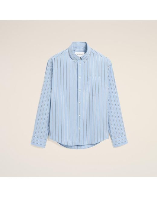 AMI Blue Boxy Striped Cotton Shirt With Embossed Ami De Coeur for men