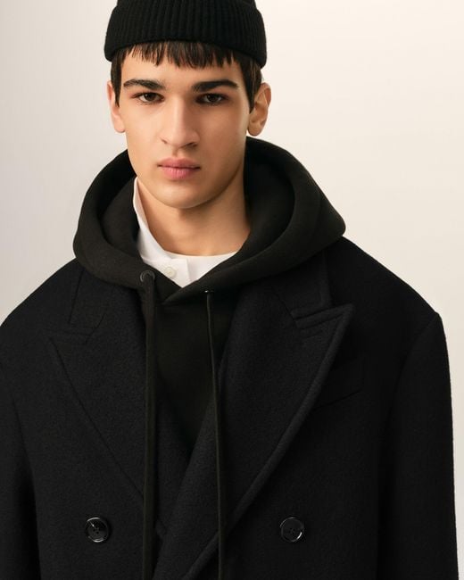 AMI Black Long Double Breasted Wool Coat for men