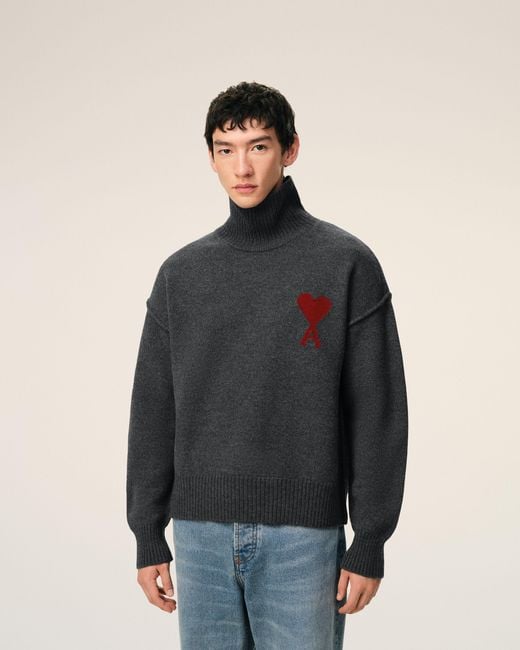 AMI Black Funell Neck Wool Sweater With Ami De Coeur