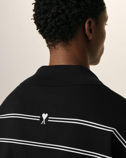 AMI Black Cotton Ami Patch Striped Polo