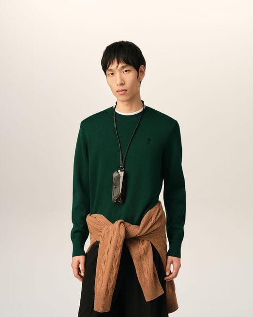 AMI Green Crewneck Wool Sweater With Ami De Coeur for men