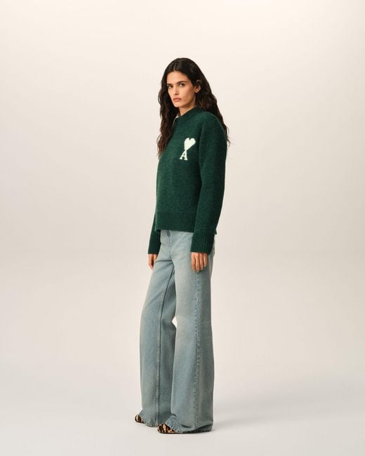 AMI Green Crewneck Alpaca Sweater With Ami De Coeur