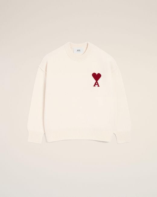 AMI Natural Crewneck Wool Sweater With Ami De Coeur
