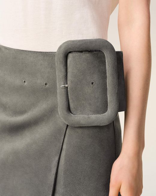 AMI Gray Goat Leather Big Buckle Belted Mini Skirt