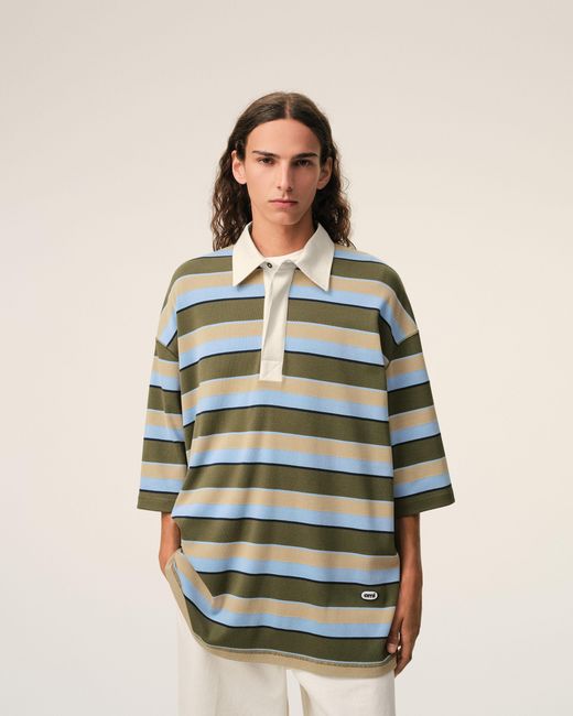 AMI Blue Striped Cotton Ami Patch Polo