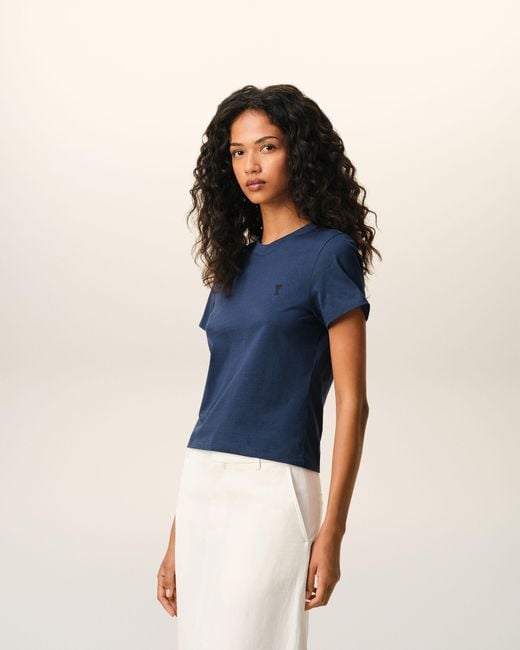 AMI Blue Cotton Ami De Coeur Cropped T-Shirt