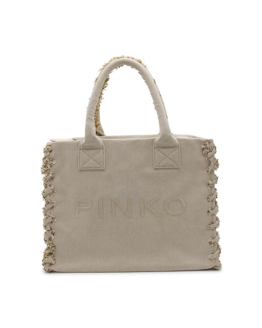 Pinko Gray Beige Cotton Tote Bag