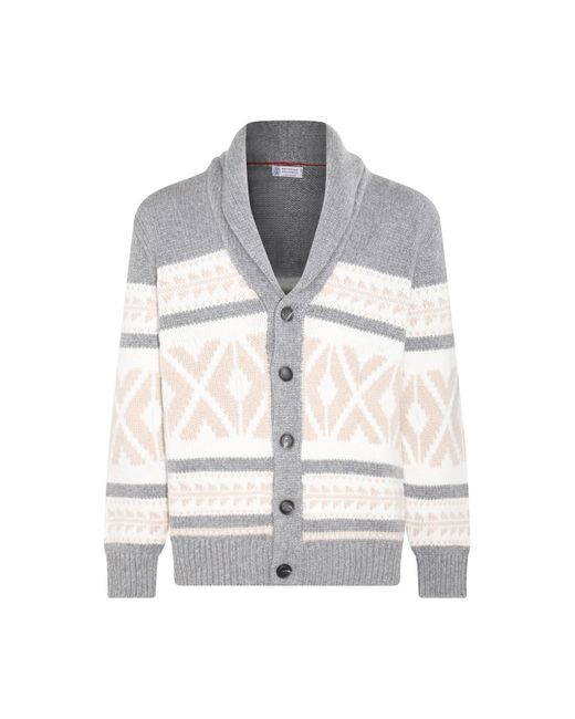 Brunello Cucinelli Gray Grey, White And Beige Wool Cardigan for men