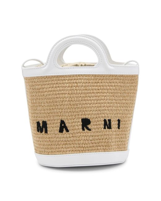 Marni Metallic White Leather And Beige Raffia Tropicalia Handle Bag