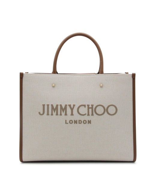 Jimmy Choo Metallic Natural And Taupe Canvas Avenue Medium Tote Bag