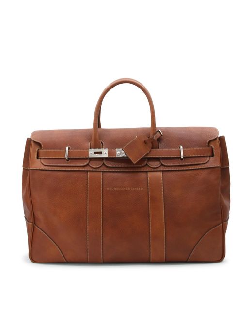 Brunello Cucinelli Brown Leather Weekender Travel Bag for men