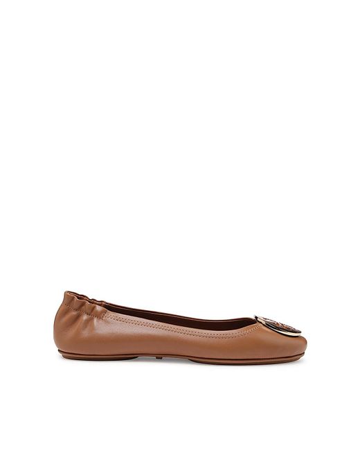 Tory Burch Brown Camel-tone Leather Minnie Travel Ballerina Shoes