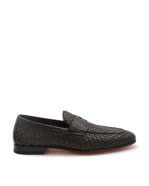 Santoni Black Leather Wowen Loafers for men