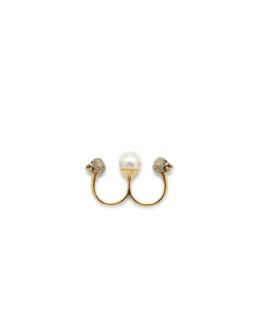 Alexander McQueen Metallic Pearl And Brass Skull Double Ring