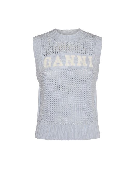 Ganni Gray Sky Blue Cotton Knitwear