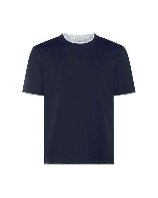 Brunello Cucinelli Dark Blue Silk And Cotton T-shirt for men