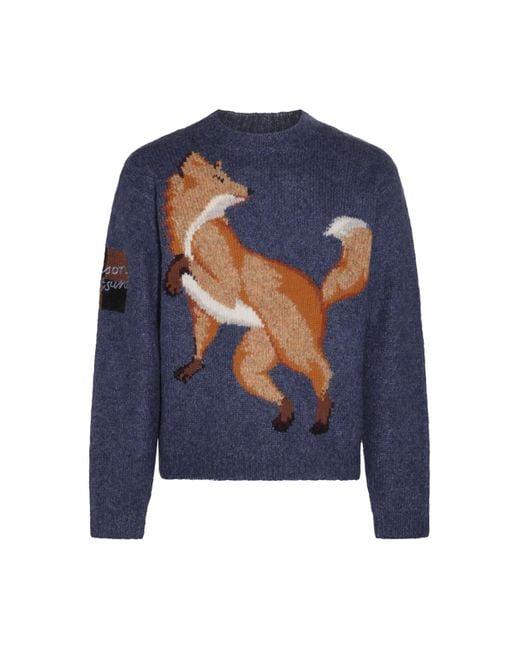 Maison Kitsuné Blue Wool Blend Fox Intarsia Sweater for Men
