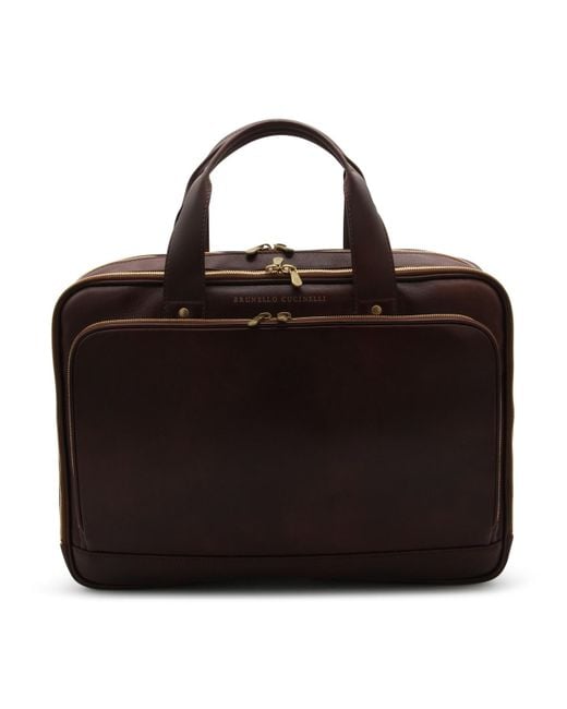 Brunello Cucinelli Black Brown Leather Briefcase for men