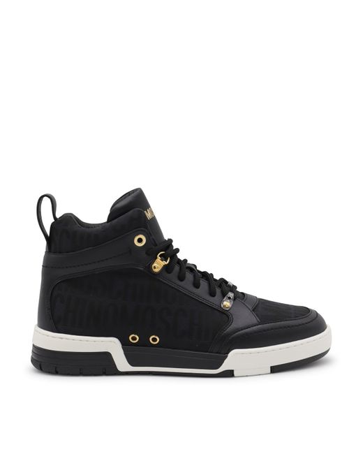 Moschino Black Leather And Canvas Monogram Jacquard High Top Sneakers for men