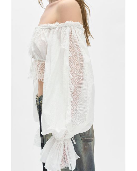 Ann Demeulemeester White Jorunn Crop Top With Distressed Lace Details