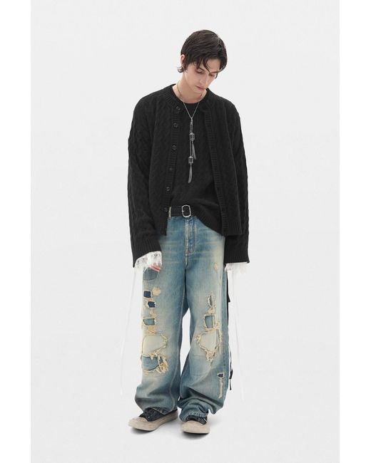 Ann Demeulemeester Black Tristan Cable Knit Ladder Stich Crew Neck Sweater for men