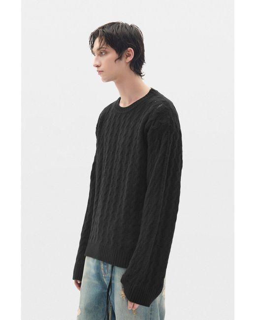 Ann Demeulemeester Black Tristan Cable Knit Ladder Stich Crew Neck Sweater for men