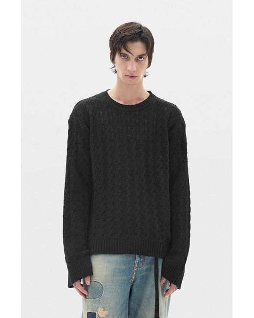 Ann Demeulemeester Black Tristan Cable Knit Ladder Stich Crew Neck Sweater for men