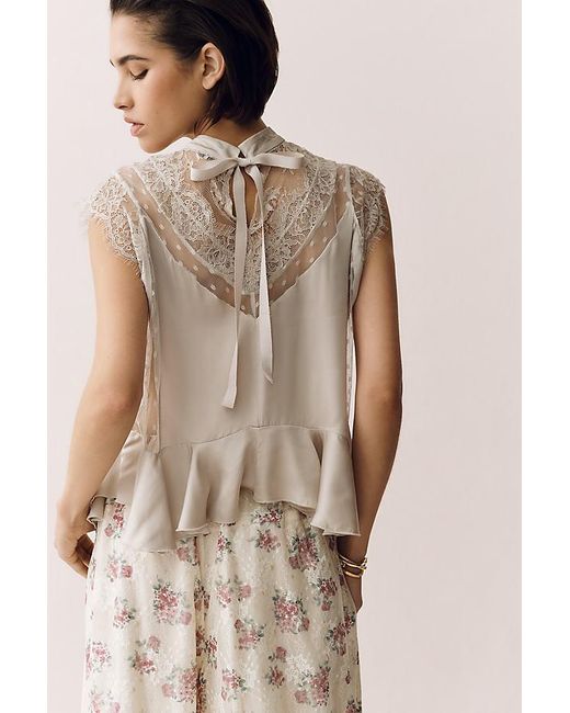 By Anthropologie Natural Sheer Lace Peplum Blouse