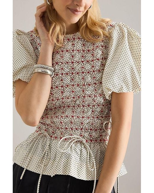 Damson Madder Natural Audrey Smocked Embroidered Cotton Poplin Blouse