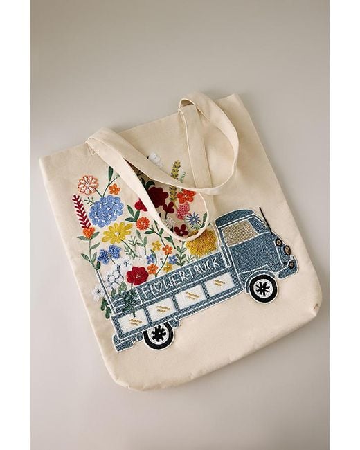 By Anthropologie Multicolor Beaded Flower Truck Canvas Tote Bag