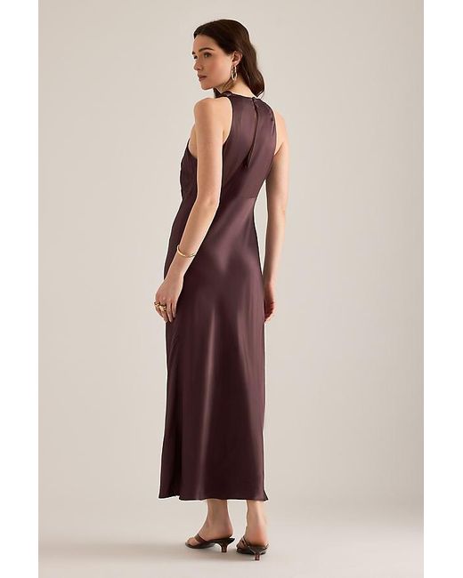 By Anthropologie Purple Milly Satin High-Neck Midi Dress