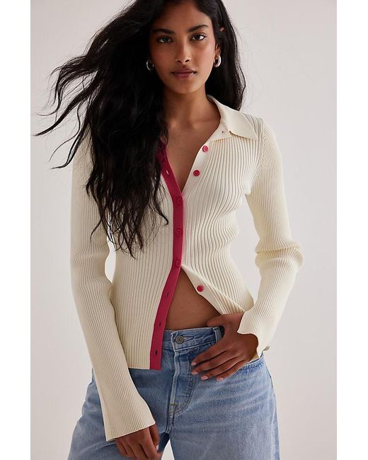 Anthropologie Blue Long-sleeve Ribbed Knit Slim Polo Cardigan