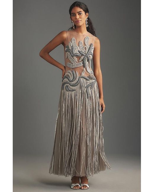 Geisha Designs Gray Illusion Embellished Maxi Dress