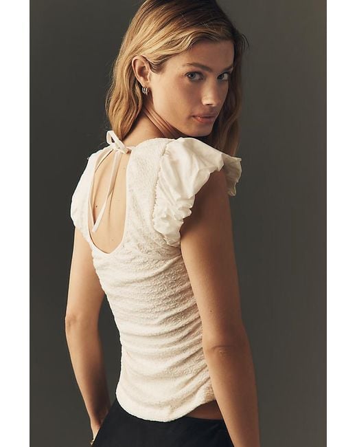 Maeve Brown Flutter-Sleeve Square-Neck Top