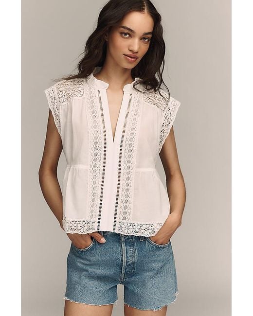 By Anthropologie White Short-Sleeve Lace-Trim Swing Blouse