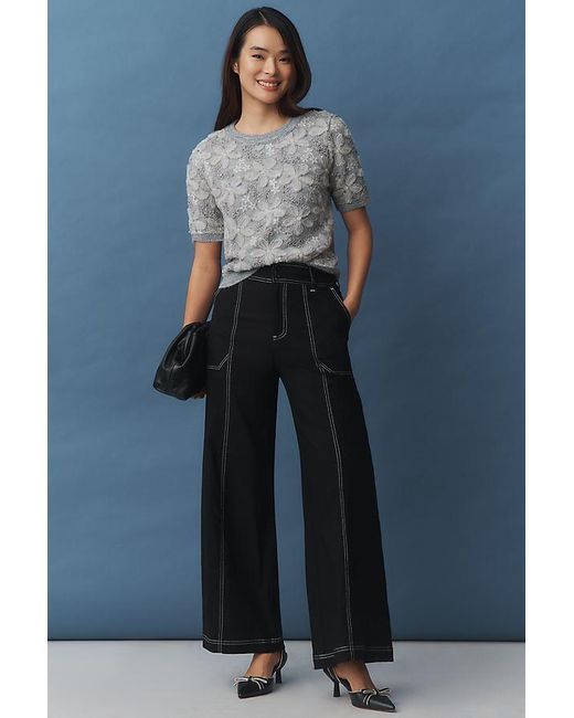 Maeve Blue Linen-Blend Top-Stitch Wide-Leg Trousers