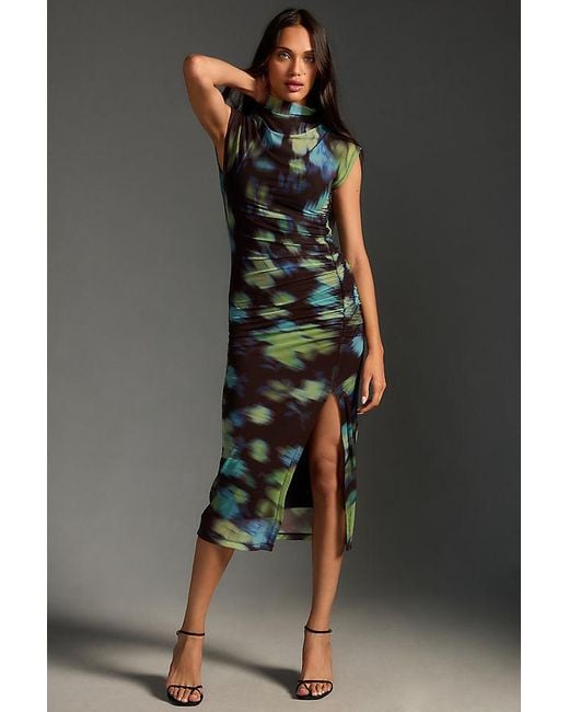 By Anthropologie Black The Maya Ruched Cowl-Neck Dress: Mesh Edition