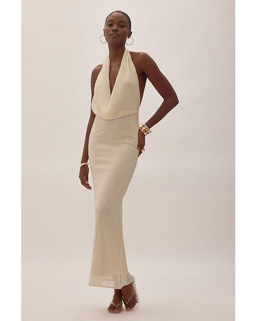 Bardot Natural Nola Sequin Cowl-Neck Maxi Dress