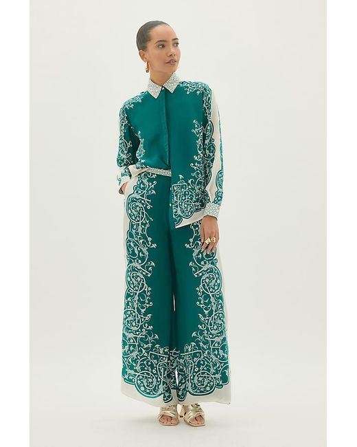 By Anthropologie Green Silky Printed Wide-Leg Trousers